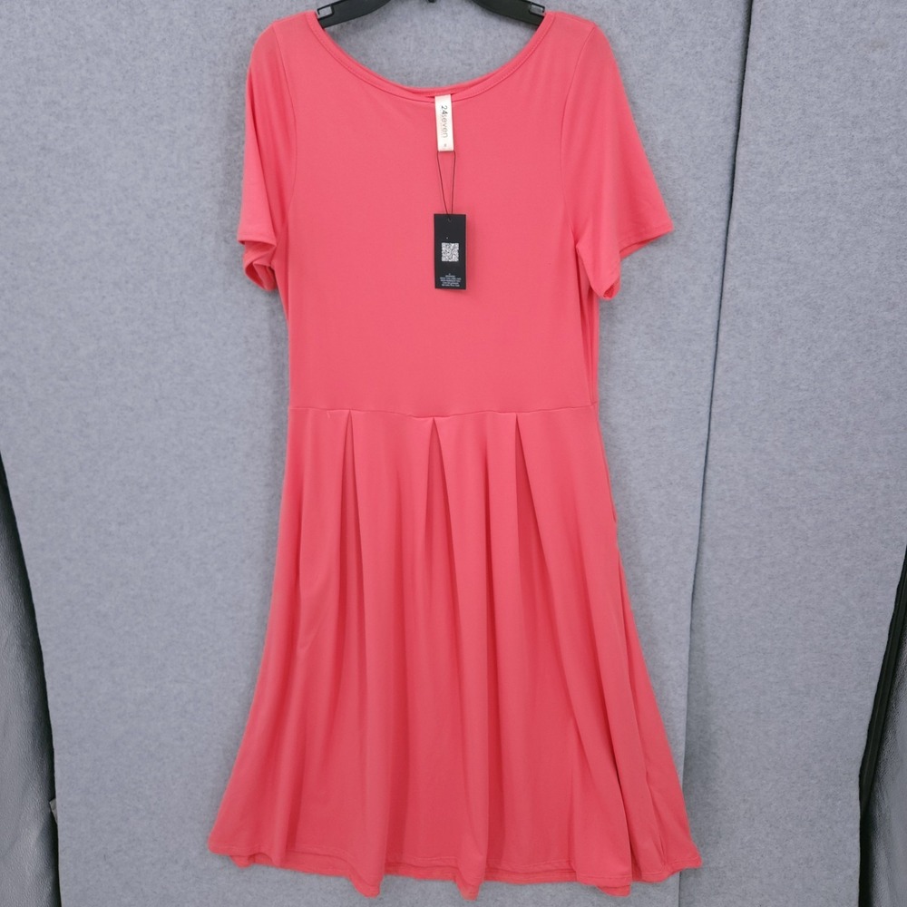24Seven Short Sleeve Midi Skater Pink Dress Comfort Apparel Womens Size M NWT